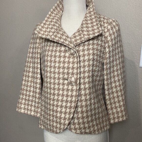 Banana Republic Tan/Cream Wool Blend Houndstooth Cropped Jacket Women’s Size 8 - Picture 1 of 8